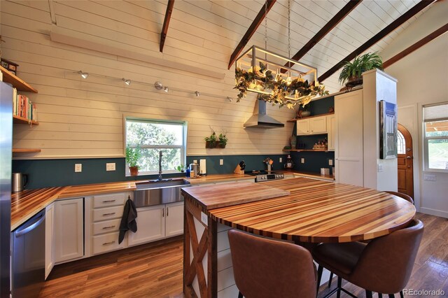57191 Me Rd, Collbran, CO 81624 - kitchen with butcher block countertops, open shelves, a sink, wall chimney exhaust hood, and wooden walls