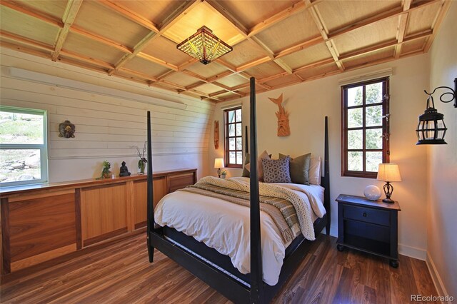 57191 Me Rd, Collbran, CO 81624 - bedroom with dark wood-type flooring, baseboards, wood walls, and coffered ceiling