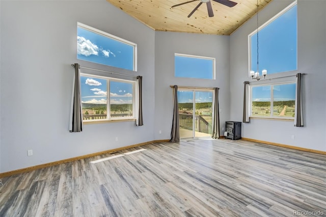 85 Estes Cir, Florissant, CO 80816 - spare room with wood ceiling, a ceiling fan, a wood stove, wood finished floors, and baseboards