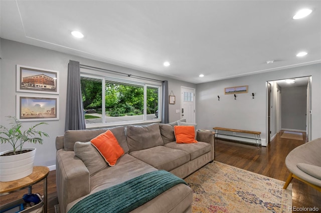 6283 S Prescott St, Littleton, CO 80120 - living room featuring wood finished floors, recessed lighting, baseboards, and a baseboard heating unit