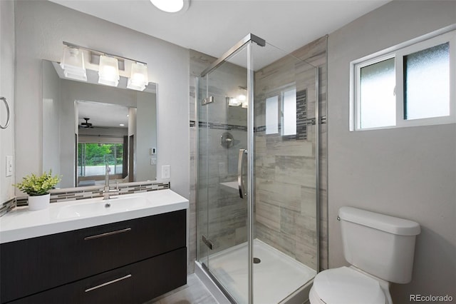 6283 S Prescott St, Littleton, CO 80120 - full bath featuring toilet, vanity, a stall shower, and a ceiling fan