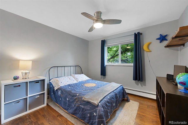 6283 S Prescott St, Littleton, CO 80120 - bedroom with a baseboard radiator, dark wood-type flooring, and a ceiling fan