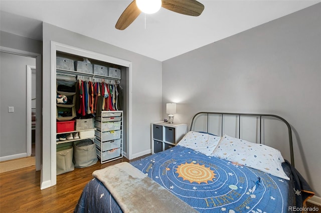6283 S Prescott St, Littleton, CO 80120 - bedroom with baseboards, wood finished floors, a ceiling fan, and a closet