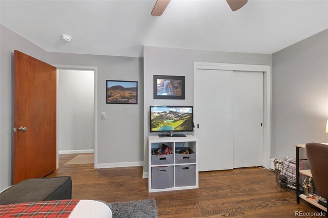 6283 S Prescott St, Littleton, CO 80120 - bedroom featuring wood finished floors, a closet, baseboards, and a ceiling fan