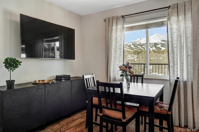 dining space with dark wood-style flooring