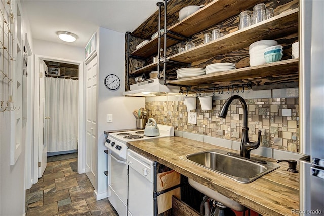 kitchen featuring white electric range, wood counters, open shelves, a sink, and exhaust hood