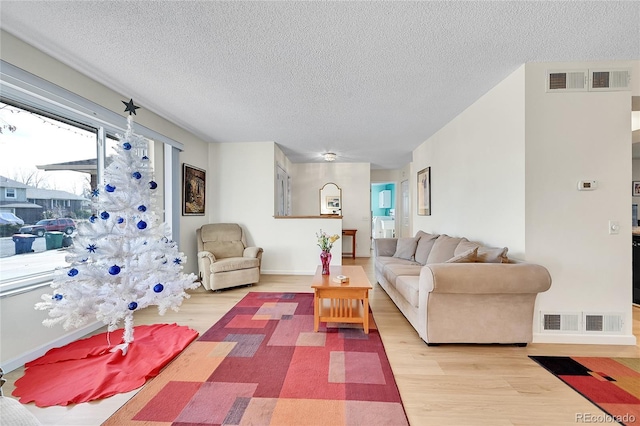 living room featuring a textured ceiling and light hardwood / wood-style flooring