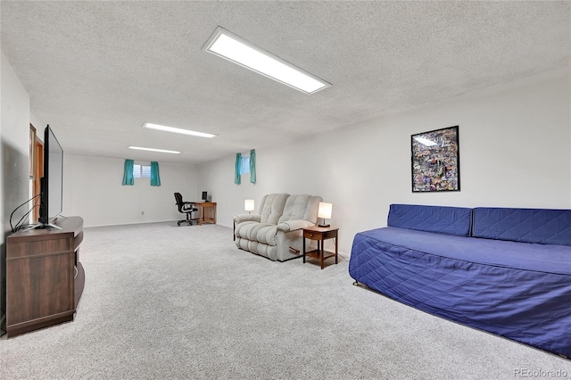 carpeted living room with a textured ceiling