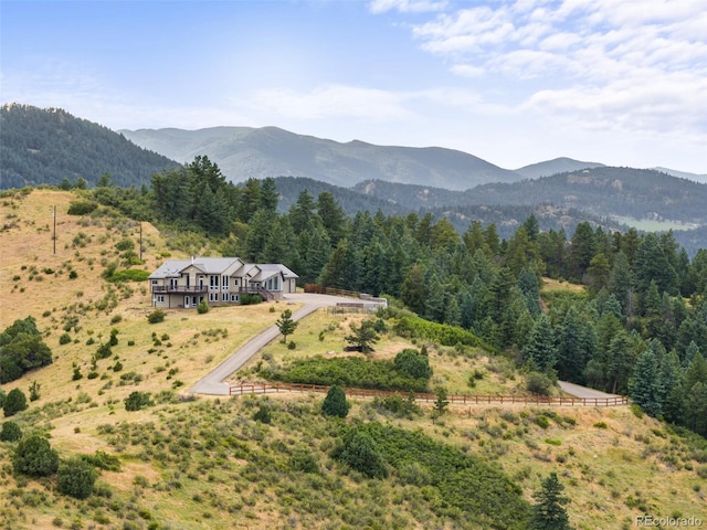 bird's eye view with a mountain view and a view of trees