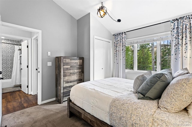 100 County Road 8344 Unit 3, Fraser, CO 80442 - bedroom with vaulted ceiling, carpet flooring, and a closet