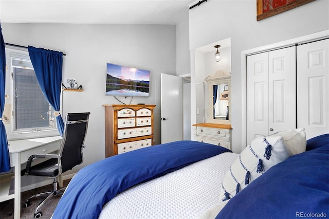 100 County Road 8344 Unit 3, Fraser, CO 80442 - carpeted bedroom with a closet, a desk, and high vaulted ceiling