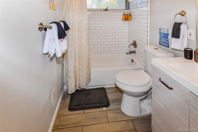 full bathroom featuring vanity, shower / tub combo, toilet, and tile patterned floors