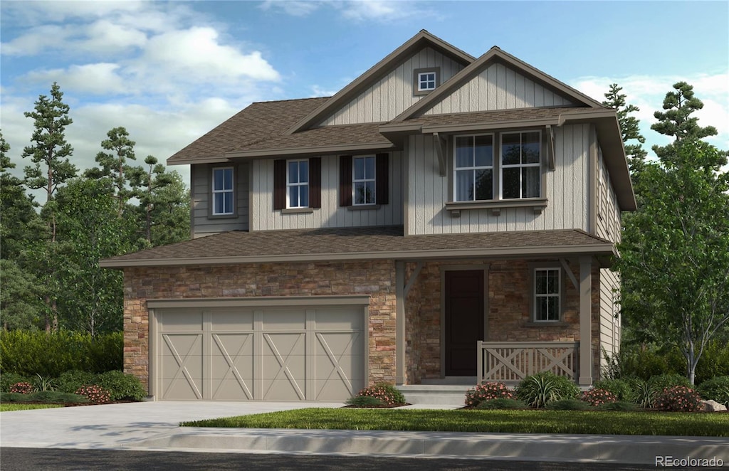15426 Krameria St, Thornton, CO 80602 - craftsman-style house with a shingled roof, stone siding, an attached garage, driveway, and board and batten siding