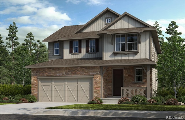 15426 Krameria St, Thornton, CO 80602 - craftsman-style house with a shingled roof, stone siding, an attached garage, driveway, and board and batten siding