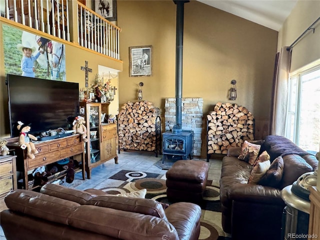 1970 County Road 241, Westcliffe, CO 81252 - living area with a wood stove and a towering ceiling