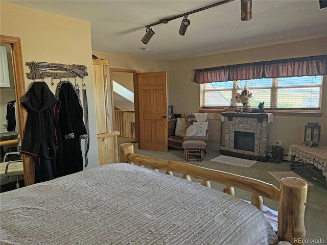 1970 County Road 241, Westcliffe, CO 81252 - bedroom featuring carpet floors, a stone fireplace, rail lighting, and a ceiling fan