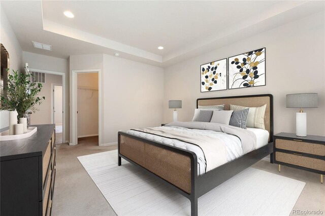 bedroom featuring a closet, a raised ceiling, a spacious closet, and light colored carpet