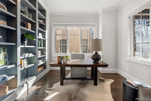 office featuring ornamental molding, dark wood finished floors, and baseboards