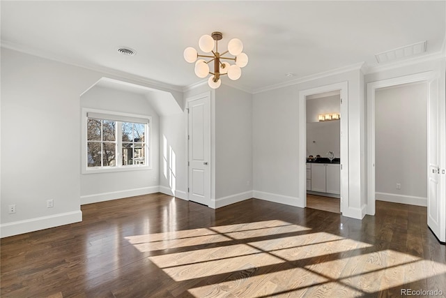 interior space featuring dark wood-style floors, baseboards, visible vents, and crown molding