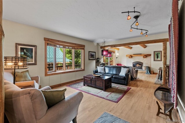 403 Pitkin St, Frisco, CO 80443 - living area featuring hardwood / wood-style floors and a warm lit fireplace