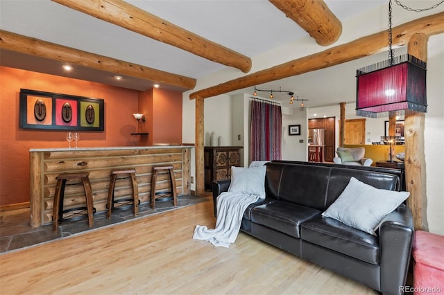 403 Pitkin St, Frisco, CO 80443 - living area with wood finished floors, beamed ceiling, and recessed lighting