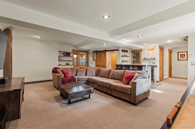 403 Pitkin St, Frisco, CO 80443 - living area with a baseboard heating unit, a barn door, light carpet, recessed lighting, and bar