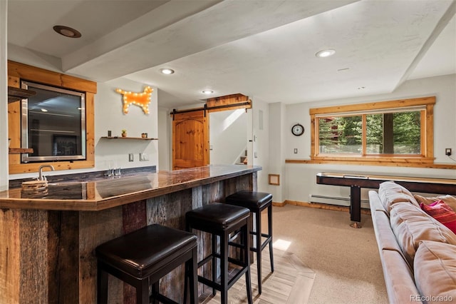 403 Pitkin St, Frisco, CO 80443 - bar area with a barn door, baseboard heating, recessed lighting, stairway, and light carpet
