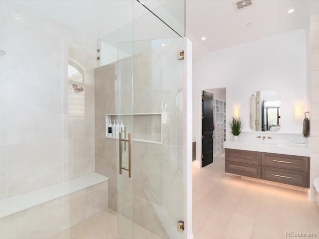 860 Diamond Ridge Cir, Castle Rock, CO 80108 - bathroom featuring a shower stall, vanity, and recessed lighting