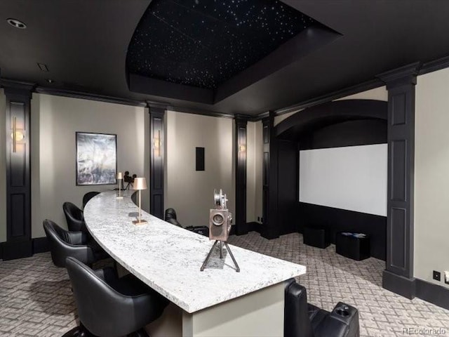 860 Diamond Ridge Cir, Castle Rock, CO 80108 - cinema with ornate columns, carpet floors, and baseboards