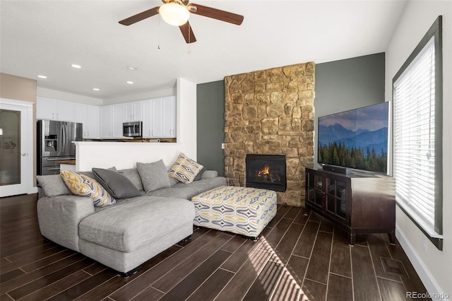 living area with wood tiled floor, a fireplace, baseboards, and a wealth of natural light