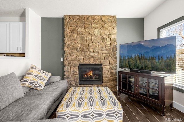 living area featuring wood tiled floor, a stone fireplace, and baseboards