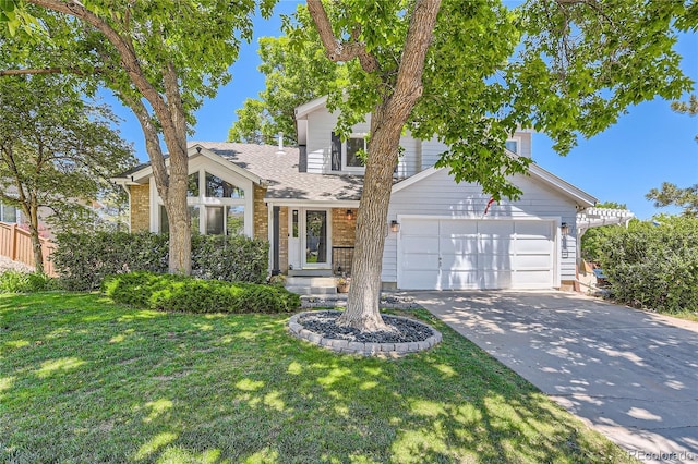 9492 Crestmore Way, Highlands Ranch, CO 80126 - view of front facade with driveway, a front lawn, brick siding, an attached garage, and roof with shingles