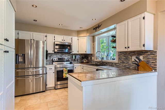 9492 Crestmore Way, Highlands Ranch, CO 80126 - kitchen featuring appliances with stainless steel finishes, white cabinetry, a peninsula, backsplash, and tile countertops