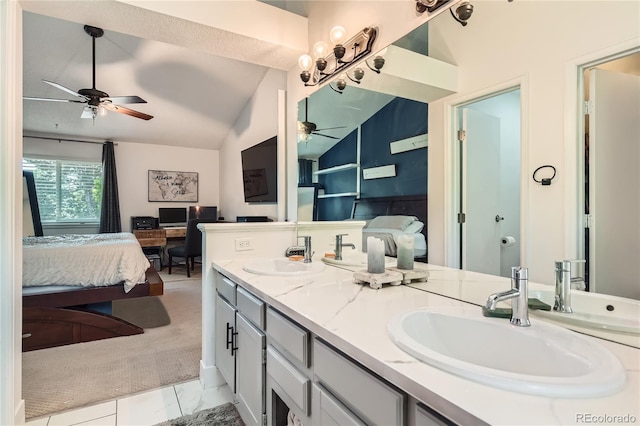 9492 Crestmore Way, Highlands Ranch, CO 80126 - bathroom featuring ceiling fan, double vanity, lofted ceiling, and ensuite bath