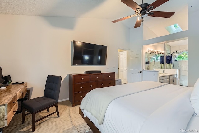 9492 Crestmore Way, Highlands Ranch, CO 80126 - bedroom with light carpet, ensuite bathroom, and high vaulted ceiling