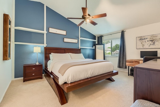 9492 Crestmore Way, Highlands Ranch, CO 80126 - bedroom featuring carpet, lofted ceiling, and ceiling fan