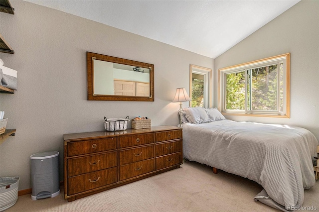 carpeted bedroom with lofted ceiling