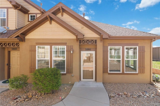 5895 S Taft Ct Unit H, Littleton, CO 80127 - doorway to property with a shingled roof and stucco siding