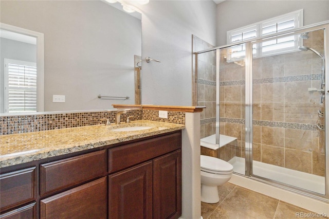 5895 S Taft Ct Unit H, Littleton, CO 80127 - full bath featuring decorative backsplash, a shower stall, toilet, tile patterned flooring, and vanity
