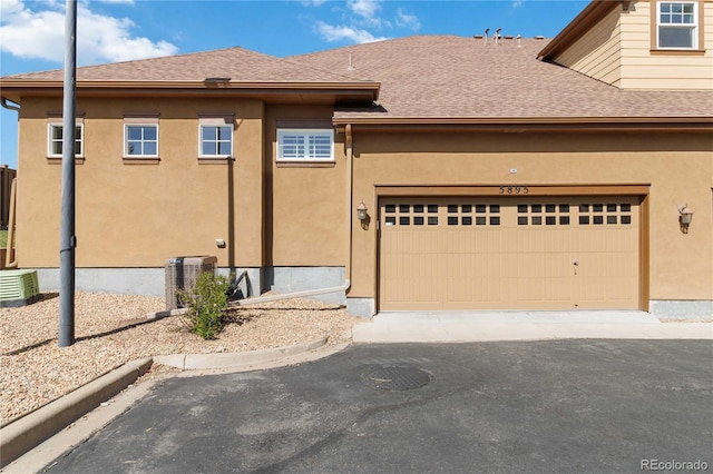 5895 S Taft Ct Unit H, Littleton, CO 80127 - view of front of property featuring a shingled roof, central air condition unit, stucco siding, driveway, and a garage