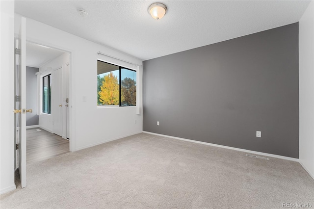 empty room featuring light carpet and a textured ceiling