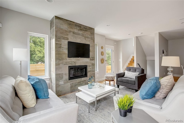 living room with a fireplace