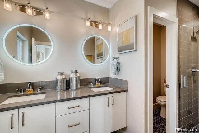 bathroom featuring vanity, toilet, and a shower with door