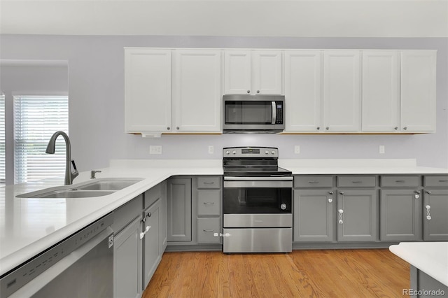 20394 E Colgate Pl, Aurora, CO 80013 - kitchen with appliances with stainless steel finishes, gray cabinets, a sink, and light countertops