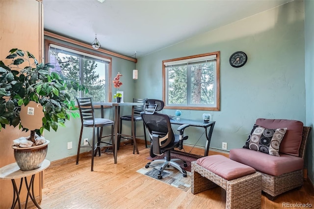 home office featuring lofted ceiling, baseboards, and wood finished floors