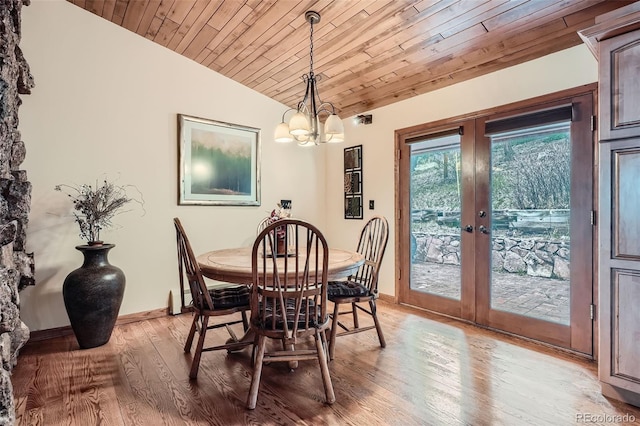dining space featuring an inviting chandelier, wood finished floors, french doors, wooden ceiling, and lofted ceiling