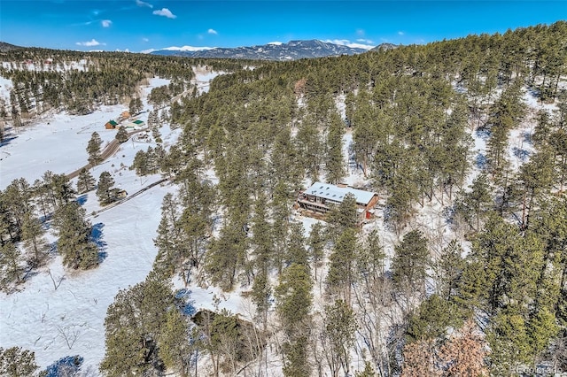 21191 Pleasant Park Rd, Conifer, CO 80433 - snowy aerial view featuring a mountain view and a wooded view
