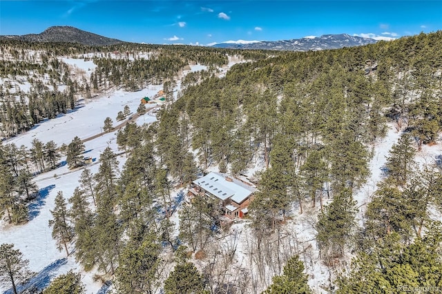 21191 Pleasant Park Rd, Conifer, CO 80433 - snowy aerial view with a mountain view and a view of trees