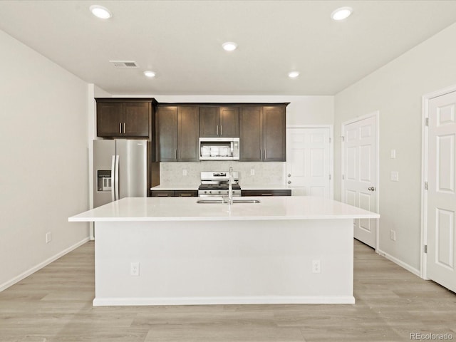 kitchen featuring sink, appliances with stainless steel finishes, a kitchen island with sink, backsplash, and dark brown cabinetry