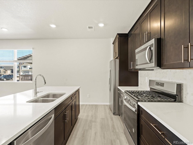 kitchen featuring appliances with stainless steel finishes, tasteful backsplash, sink, light hardwood / wood-style floors, and dark brown cabinets